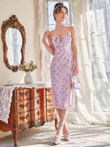 SHEIN MOD 碎花胸部褶皺高衩吊帶洋裝 - 彩色 - 查看 5