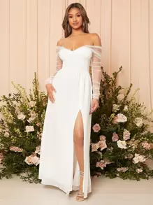 SHEIN Belle Contrast Mesh Split Thigh Bustier Chiffon Wedding Dress White Elegant Long Sleeve Bridal Dress, Bridal Shower Dress White Dress,Bride - White - View 1