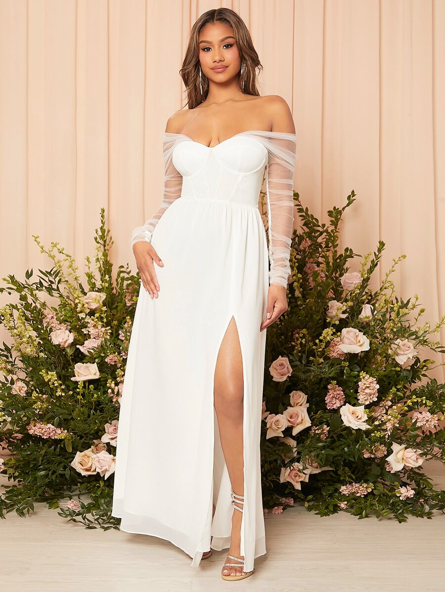 SHEIN Belle Contrast Mesh Split Thigh Bustier Chiffon Wedding Dress White Elegant Long Sleeve Bridal Dress, Bridal Shower Dress White Dress,Bride - White - View 1