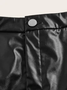 SHEIN EZwear 大碼高腰PU皮革闊腿褲 - 黑色 - 查看 4