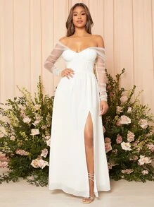 SHEIN Belle Contrast Mesh Split Thigh Bustier Chiffon Wedding Dress White Elegant Long Sleeve Bridal Dress, Bridal Shower Dress White Dress,Bride - White - View 4