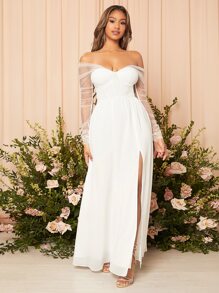 SHEIN Belle Contrast Mesh Split Thigh Bustier Chiffon Wedding Dress White Elegant Long Sleeve Bridal Dress, Bridal Shower Dress White Dress,Bride - White - View 5