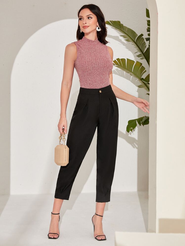 Seusyu High Waist Fold Pleated Cropped Pants - Black - View 3
