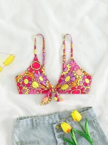 Swim Vcay Floral Knot Front Bikini Top, For Summer Beach Vacation - Multicolor - View 7