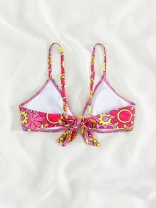 Swim Vcay Floral Knot Front Bikini Top, For Summer Beach Vacation - Multicolor - View 5