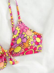 Swim Vcay Floral Knot Front Bikini Top, For Summer Beach Vacation - Multicolor - View 3