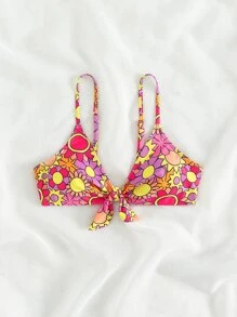 Swim Vcay Floral Knot Front Bikini Top, For Summer Beach Vacation - Multicolor - View 6