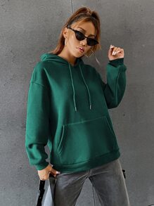 SHEIN Unity Slogan Graphic Kangaroo Pocket Drawstring Thermal Hoodie - Dark Green - View 2