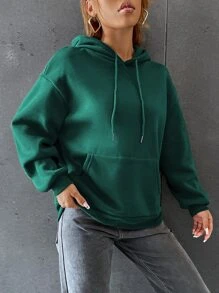 SHEIN Unity Slogan Graphic Kangaroo Pocket Drawstring Thermal Hoodie - Dark Green - View 3