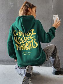 SHEIN Unity Slogan Graphic Kangaroo Pocket Drawstring Thermal Hoodie - Dark Green - View 4