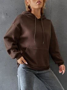 SHEIN Unity Sudadera con capucha de felpa con estampado de eslogan, manga larga, hombros caídos, casual y holgada con cordón, para otoño/invierno - Marrón Chocolate - Ver 3