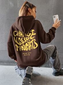 SHEIN Unity Sudadera con capucha de felpa con estampado de eslogan, manga larga, hombros caídos, casual y holgada con cordón, para otoño/invierno - Marrón Chocolate - Ver 4