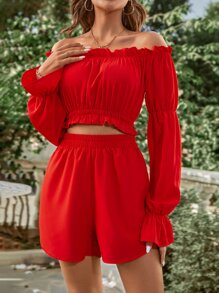 SHEIN Frenchy Shorts con top de hombros descubiertos de manga con volante bajo con fruncido - Rojo - Ver 5
