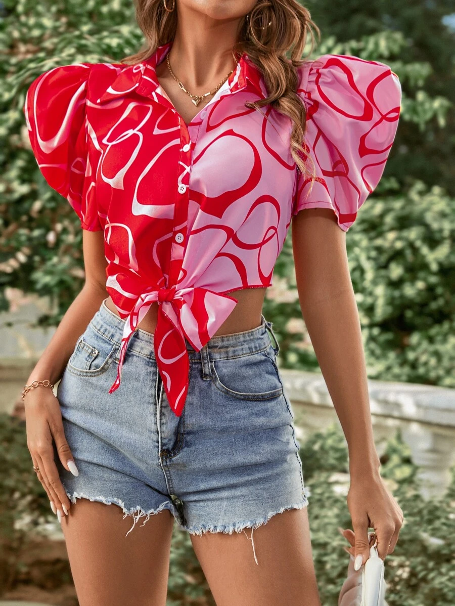 SHEIN Privé All Over Print Puff Sleeve Knot Hem Shirt - Pink - View 1