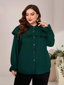 Mulvari Plus Ruffle Trim Flounce Sleeve Shirt - Dark Green - View 1