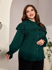 Mulvari Plus Ruffle Trim Flounce Sleeve Shirt - Dark Green - View 4