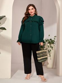 Mulvari Plus Ruffle Trim Flounce Sleeve Shirt - Dark Green - View 5