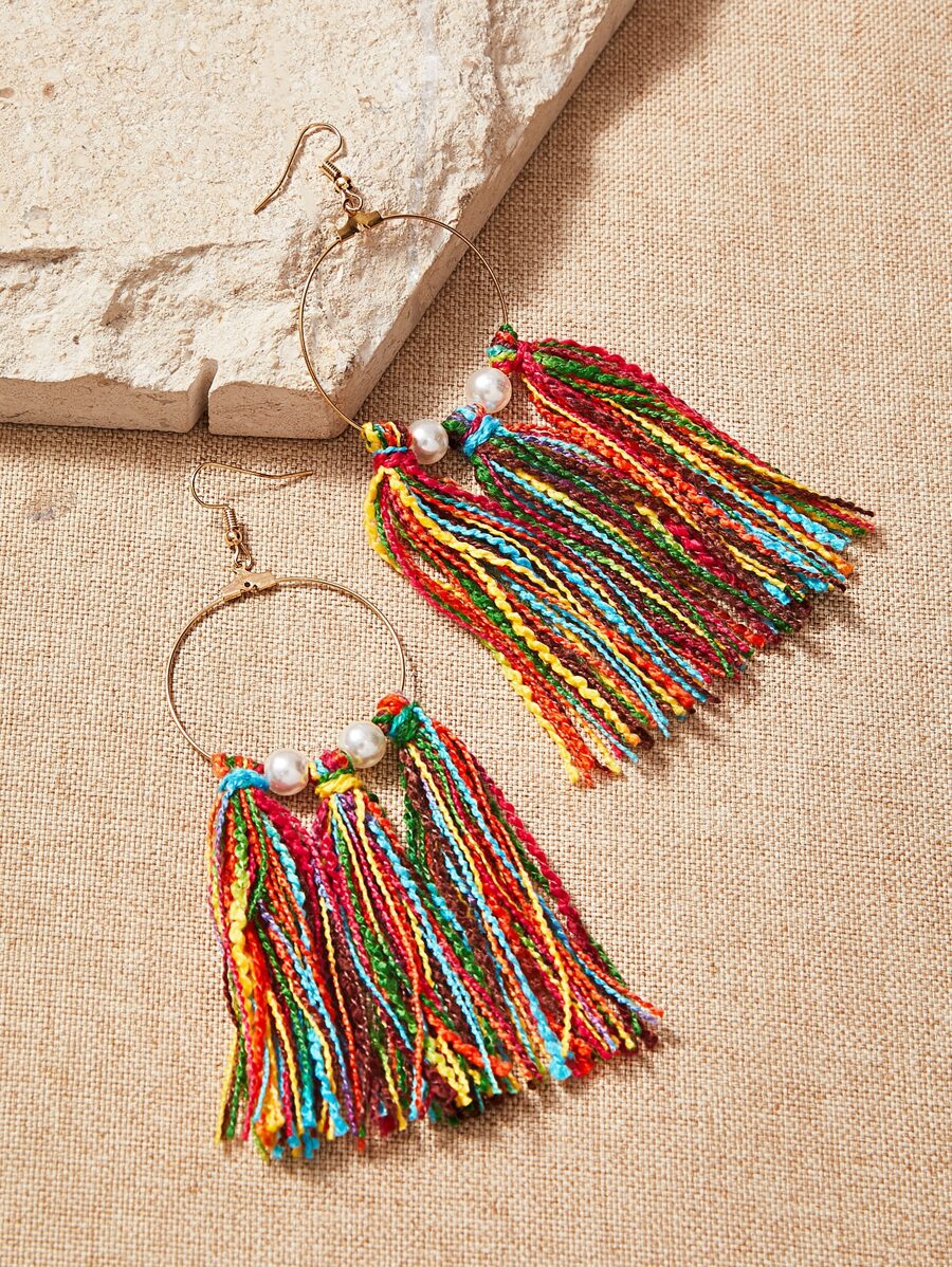 SHEIN VCAY 人造珍珠裝飾流蘇耳墜 - 彩色 - 查看 1