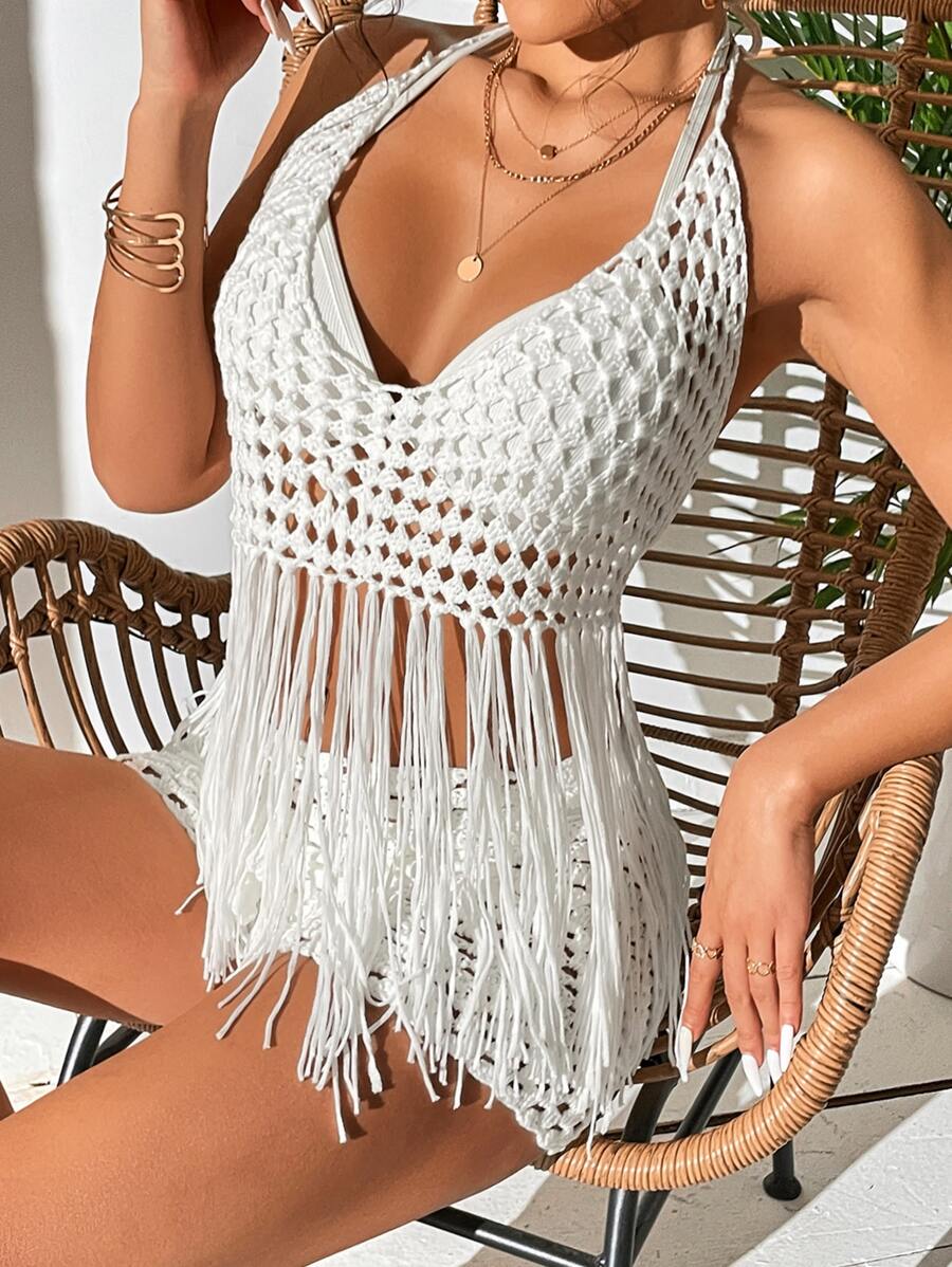 Joress Hollow Out Fringe Hem Backless Cover Up - White - View 1