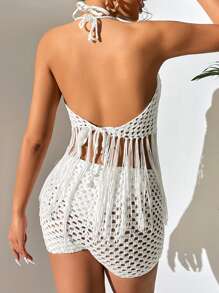 Joress Hollow Out Fringe Hem Backless Cover Up - White - View 2