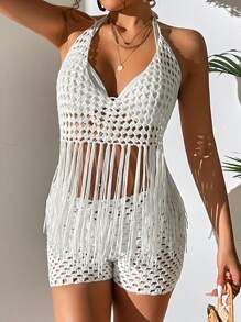 Joress Hollow Out Fringe Hem Backless Cover Up - White - View 4