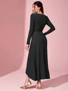 Modelyn Vestido fruncido de cuello asimétrico sin cinturón - Negro - Ver 2