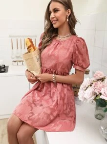 SHEIN VCAY Jacquard Puff Sleeve Dress - Rusty Rose - View 3