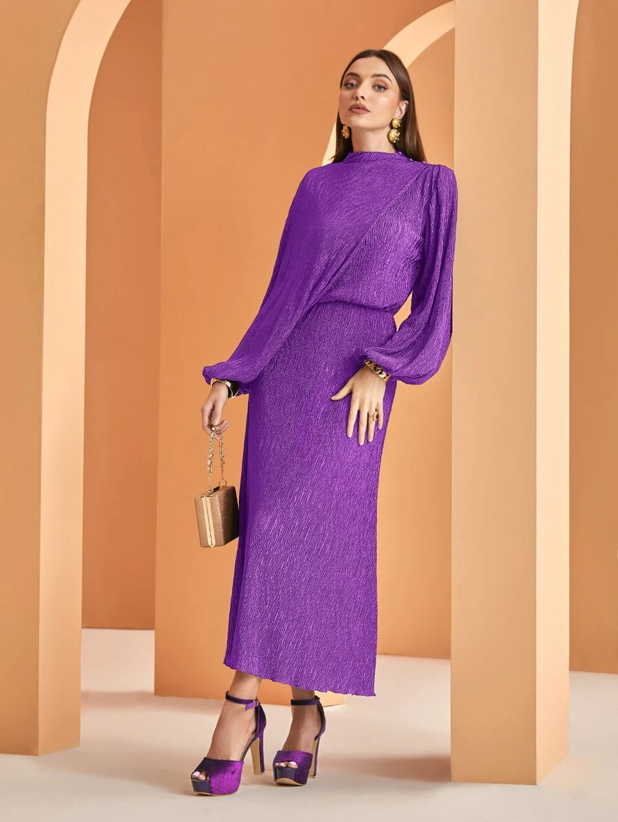 Modelyn 灯笼袖立领百褶连衣裙（无链条）长款晚礼服 - 紫色 - 查看 1