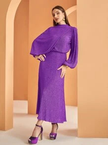 Modelyn 灯笼袖立领百褶连衣裙（无链条）长款晚礼服 - 紫色 - 查看 6