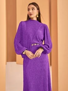 Modelyn 灯笼袖立领百褶连衣裙（无链条）长款晚礼服 - 紫色 - 查看 7