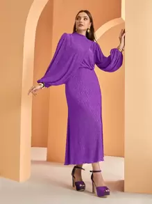 Modelyn 灯笼袖立领百褶连衣裙（无链条）长款晚礼服 - 紫色 - 查看 8