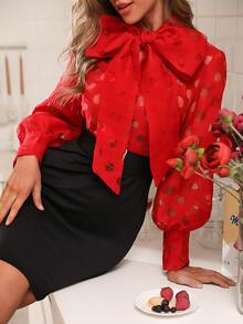 Colorblock Tie Neck Bishop Sleeve Belted Dress - Multicolor - View 1