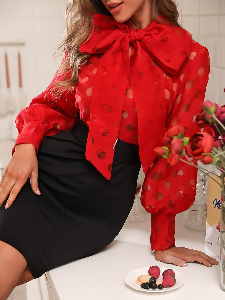 Colorblock Tie Neck Bishop Sleeve Belted Dress - Multicolor - View 1