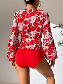 SHEIN Essnce 印花燈籠袖腰帶連體衣 - 彩色 - 查看 2