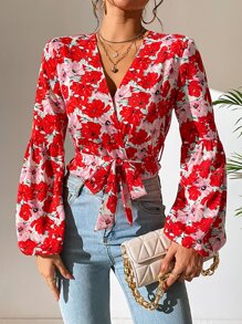 SHEIN Essnce 印花燈籠袖腰帶連體衣 - 彩色 - 查看 3