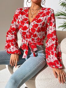 SHEIN Essnce 印花燈籠袖腰帶連體衣 - 彩色 - 查看 4