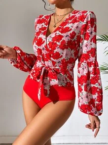 SHEIN Essnce 印花燈籠袖腰帶連體衣 - 彩色 - 查看 6