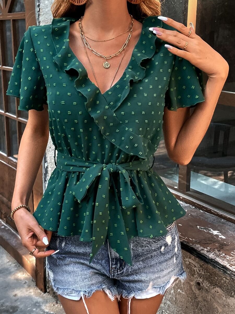 SHEIN LUNE Blusa de lunares ribete con fruncido con cinturón - Verde Oscuro - Ver 1