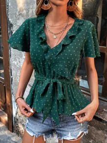 SHEIN LUNE Blusa de lunares ribete con fruncido con cinturón - Verde Oscuro - Ver 3