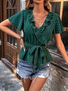 SHEIN LUNE Blusa de lunares ribete con fruncido con cinturón - Verde Oscuro - Ver 5