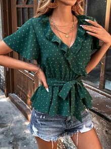 SHEIN LUNE Blusa de lunares ribete con fruncido con cinturón - Verde Oscuro - Ver 6