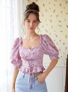SHEIN MOD Ditsy Floral Print Lace Up Front Ruffle Hem Blouse - Lilac Purple - View 1