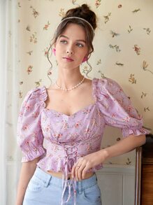 SHEIN MOD Ditsy Floral Print Lace Up Front Ruffle Hem Blouse - Lilac Purple - View 4