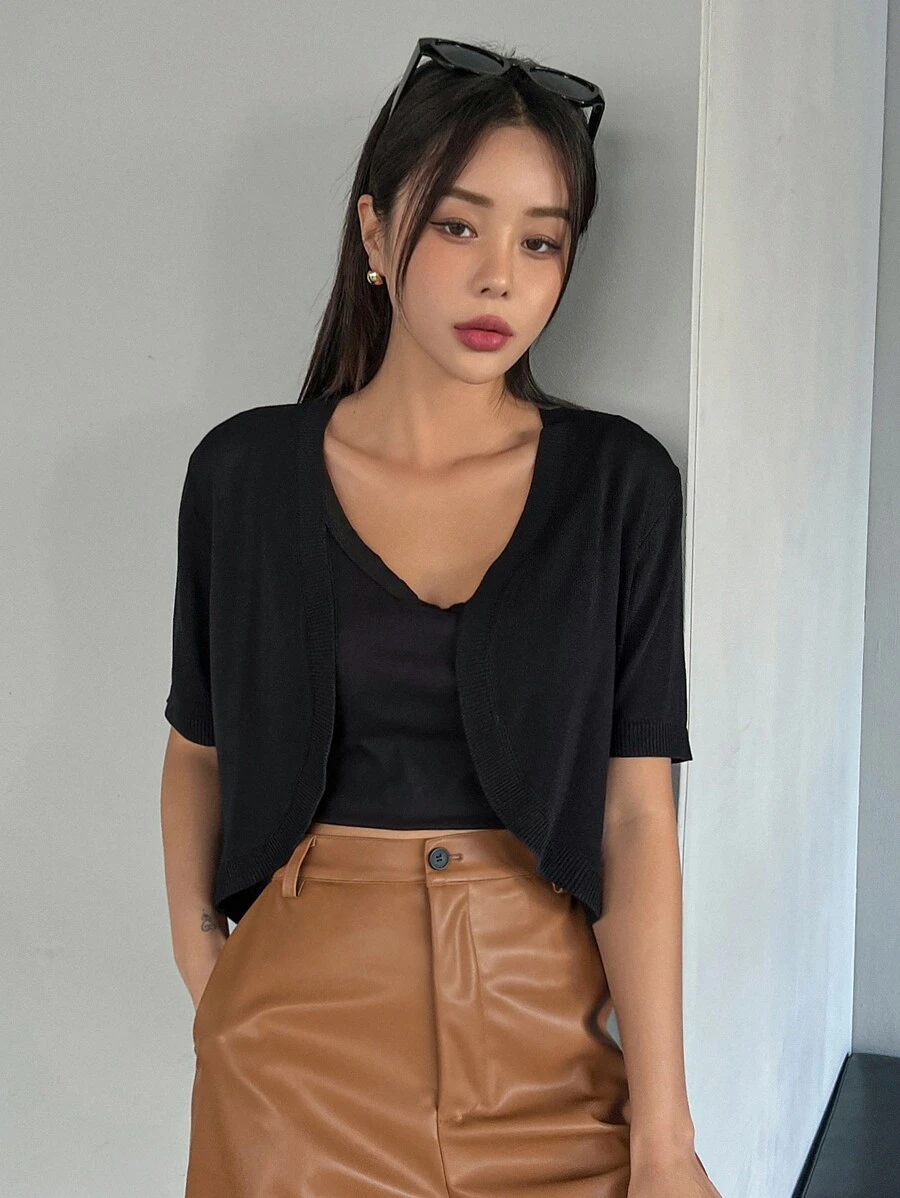 DAZY Nữ Cardigans Gân đan màu trơn Giải trí - màu đen - Xem 1