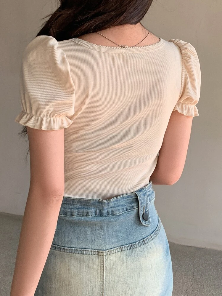 Puff Sleeve Scoop Neck Tee,Ruffle,Crop Tops Women