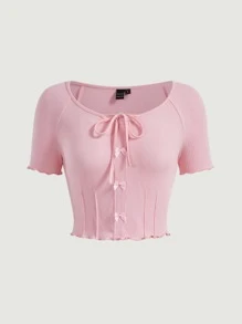 SHEIN MOD Áo thun nữ Nơ Bướm Gân đan Xù nhỏ Thắt nơ trước màu trơn Giải trí - Màu Hồng baby - Xem 1