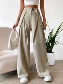 SHEIN MOOSTA High Waist Plicated Detail Wide Leg Pants Fall Cloth For Women - Khaki - View 1