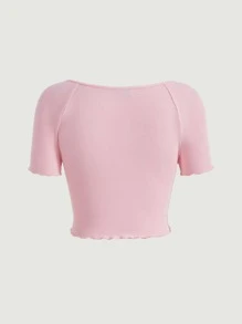 SHEIN MOD Áo thun nữ Nơ Bướm Gân đan Xù nhỏ Thắt nơ trước màu trơn Giải trí - Màu Hồng baby - Xem 2
