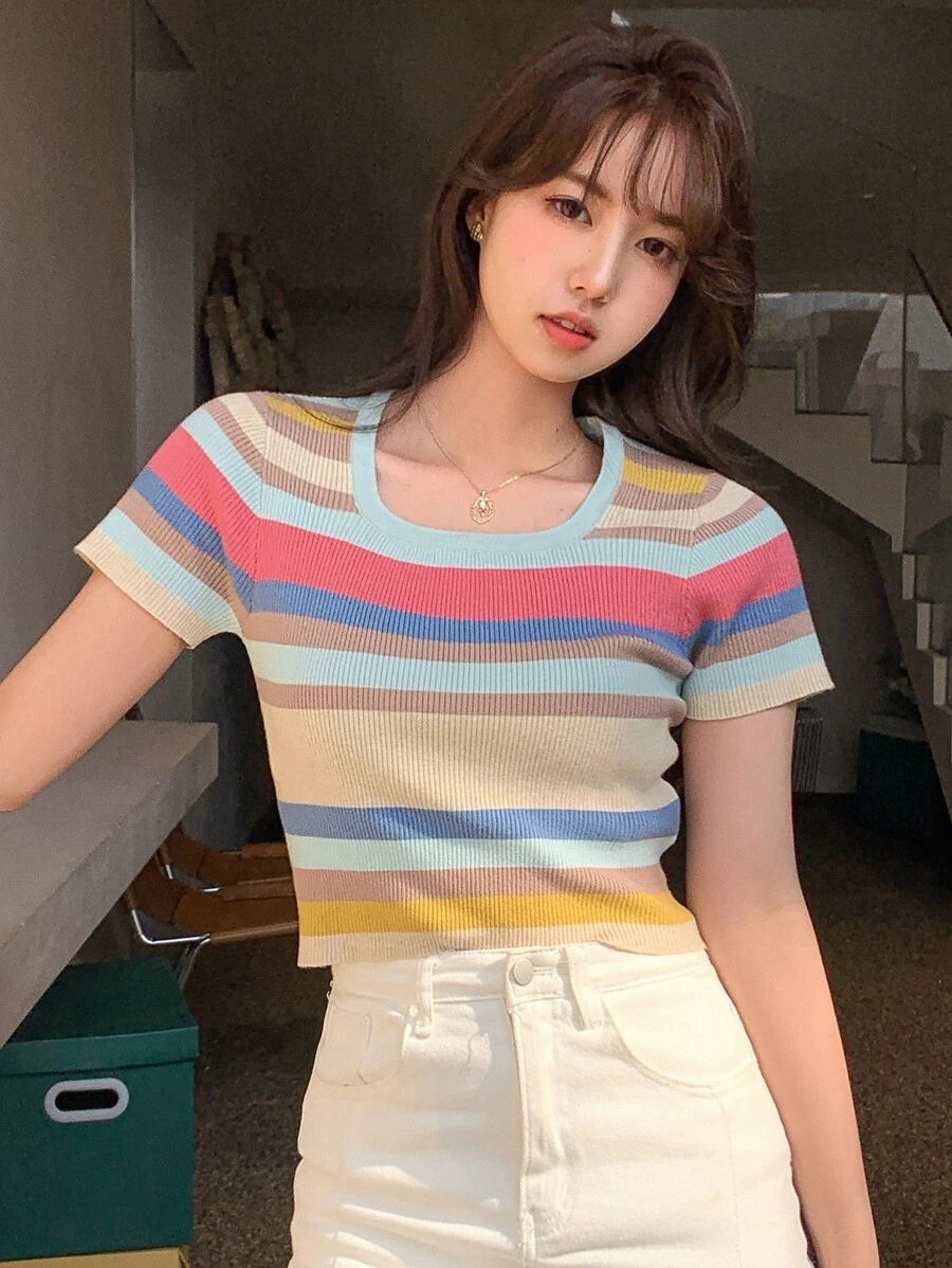 DAZY Striped Print Crop Knit Top - Multicolor - View 1