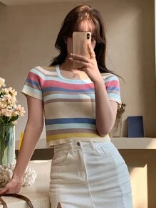 DAZY Striped Print Crop Knit Top - Multicolor - View 3